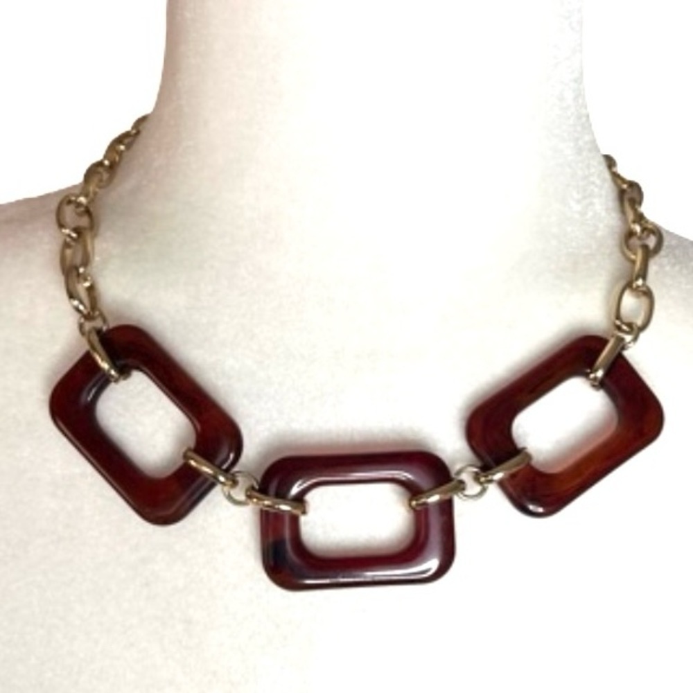 Large Statement Choker Style Acrylic Rectangle Tortoise Necklace